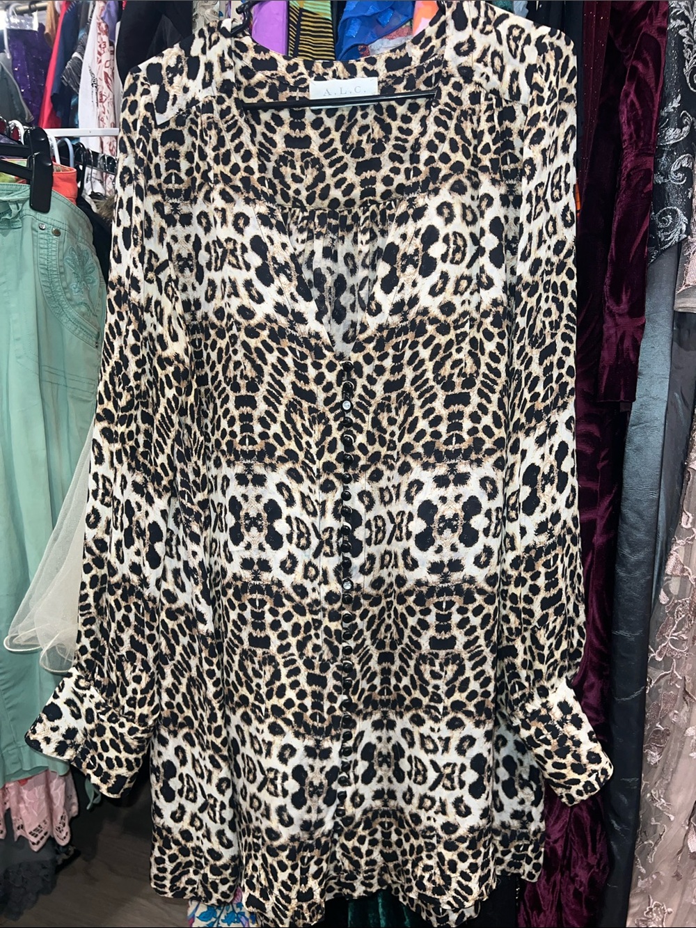 Flowy A.L.C. Leopard-Print Silk Long Sleeve Button-Front Tunic Dress